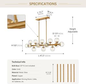 (Retail $300.99) Moooni 16 Lights Modern Rectangle Chandelier Gold Pendant Ceiling Light