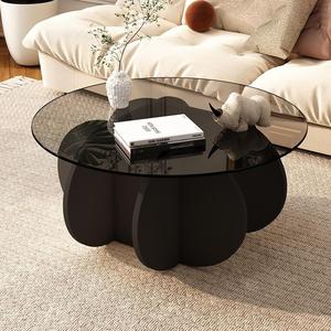 Dziqi Coffee Table With Wood Base, 31.5&#34; Round, Black+ Gray