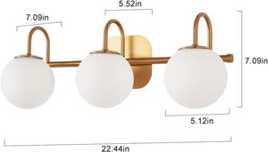 (Retail $69.90) Modern Bathroom Vanity Light Fixtures, 3 Lights, Brushed Brass Frame and Milk White Glass Globe
