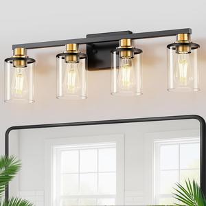 (Retail $84.99) Doresshop Bathroom Light Fixtures, 4-Light Black and Gold Lights Over Mirror with Clear Glass Shade