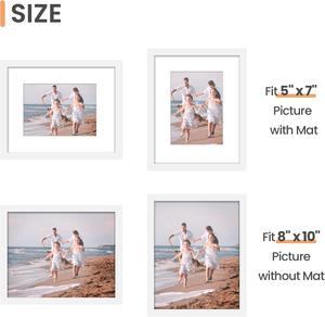 5 Pack Upsimples 8x10 Picture Frame Set, 5x7 with Mat or 8x10 Without Mat, White