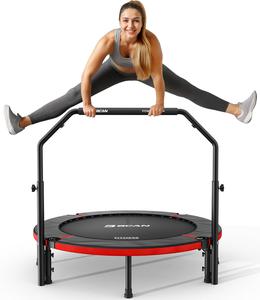 ($159.99) New - BCAN 40&#34;/48&#34; Foldable Mini Trampoline, Rebounder Trampoline for Adults, U/T Shape Adjustable Foam Handle, Exercise Rebounder for Kids Adults Indoor/Garden Workout, Max Load 330lbs/440lbs