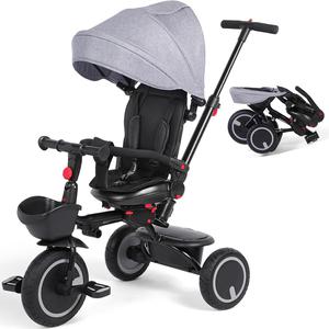 ($119.99) New - Baby Tricycle, 8-in-1 Folding Toddler Tricycle, Toddler Bike with Parent Steering Push Handle, Kids Tricycle with Safety Belt, Double Brakes, Canopy, Trike Gift for Toddlers 7 Months-5 Years, Grey