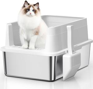 New - Medium-Size Stainless Steel Cat Litter Box with Lid, Metal Litter Box with High Side, Kitten Litter Box, Indoor Litter Tray (Non Sticky, Easy to Clean, Anti-Urine Leakage)