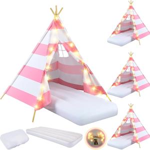 ($179.99) Open box - 4 Set Kids Teepee Tent Bulk with Light String,Inflatable Airbed,Bedding Fitted Sheet,Natural Cotton Toddler Play Tent Washable Foldable for Girls Boys Indoor Outdoor(Pink White)