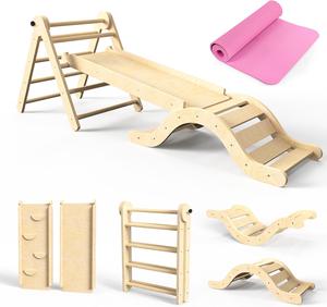 ($169.99) New - Pikler Triangle Set 7in1 Toddler Climbing Toys Indoor Foldable Baby Climbing Toys Wooden Montessori Climbing Set with Arch, Ramp, Ladder for 1-3 Years, Jungle Gym for Kids (Natural)