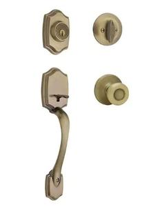 Kwikset Belleview Antique Brass Single Cylinder Door Handleset with Tylo Door Knob Featuring SmartKey Security