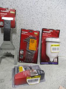Mixed HUSKY Long Arm Hex Key Set, MM, HUSKY 600 cc Spray Gun Cup, HUSKY Universal Sink Drain Faucet Wrench and More