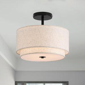 ($39.99) - Open box - 12.6inch Flush Mount Ceiling Light Fixture,3-Light Modern Close to Ceiling Light with 2-Layer Linen Fabric Shade,Farmhouse Drum Ceiling Mount Lamp for Bedroom Hallway Living Room