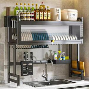 ($79) - Pre Owned - 3-Tier Over Sink Dish Drying Rack - Large Kitchen Counter Organizer with Cover, Space-Saving Multifunction Storage for Dishes, Glasses, Bowls, and Cutlery - Dish Drainer Shelf