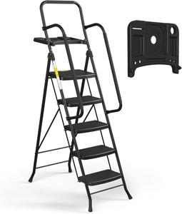 ($103.99) - Pre Owned - HBTower Step Ladder, Folding Step Stool with Wide Anti-Slip Pedal, Sturdy Steel Ladder, Convenient Handrail, Lightweight, Portable Steel Step Stool