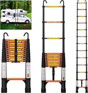 ($98.99) - Open box - EvaStar 12.5FT Telescoping Ladder, Aluminum with Hooks, Collapsible, 330lbs Capacity, Folding Extension Ladder for Home, RV, Roof, Loft, Attic, Outdoor Use – Portable &#38; Compact (Orange &#38; Black)