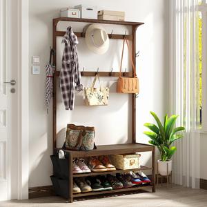 ($129.99) - New - AMBIRD Hall Tree with shoe bench Entryway Bench with Coat Rack 6-in-1 Coat Rack Shoe Bench with Cloth Bag Storage Bench with 14 Coat Hooks, Sturdy Bamboo Frame, Large Size, Brown 39 * 15 * 70 Inches