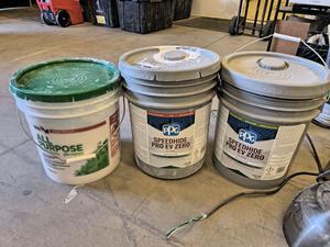 Sealed Bucket Semi-Gloss PPG Speedhide Pro EV Zero Interior Paint and Partial Bucket of Flat PPG Speedhide Pro EV Zero Interior Paint and Partial Bucket of USG All-Purpose Sheetrock Joint Compound 