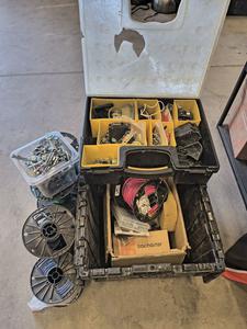 Group of Wire Reels, Assorted Hardware, Parts Organizer and Tote 