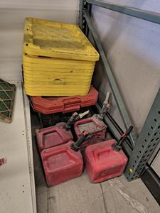 (4) Plastic Fuel Cans, Black Storage Tote with Lid and Group of Lids for Totes 