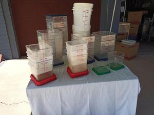 Group of Kitchen Items Including 22, 18, 12 Quart Food Storage Containers and More