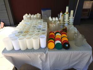 Group of Restaurant Items Including Orange Juice Containers with Lids, Pitchers, Ice Buckets and More