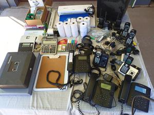 Group of Office Items Including Laminators and Box of Clear Sheets, V-Tech Cordless Phones, 10-Key Calculators, VeriFone Card Payment Systems - Model VX520 and More
