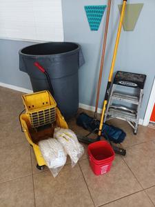 Cleaning Supplies Including Rubbermaid Mop Bucket on Wheels, Large Trash Bin, Werner 2-Step Ladder and More