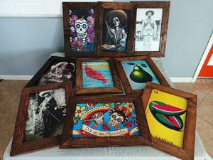 Group of Framed Mexican Themed Artwork Including Fish El Pescado, Sugar Skulls Dia De Los Muertos, La Sandia Watermelon and More