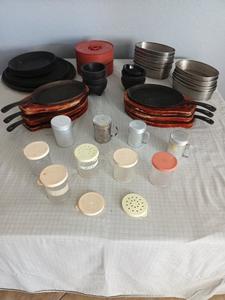 Assorted Kitchen Items Including (6) Fajita&#39;s Skillets, Salsa Bowls, Shakers with Lids and More