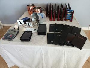 Group of Restaurant Items Including Table toppers, Receipt Presenter Trays, Night Deposit Bags, 10-Key Calculator and More