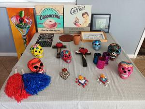 Group of D&#233;cor Including Sugar Skulls, Classic Cappuccino Art, Crosses and More