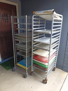 (2) Aluminum Tray Racks on Wheels, with Parchment Paper &#38; Cutting Boards