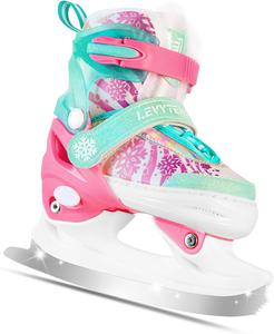 (Retail $59.99) Levy Temp Adjustable Snowflake Ice Skates for Kids, Green &#38; Pink