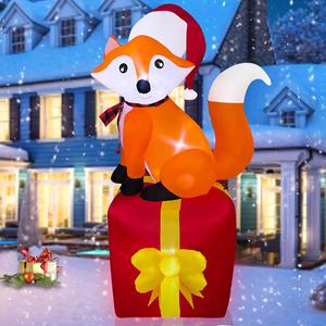Christmas Inflatables Fox Standing on Gift Box Decorations, LED Lighted, 5 FT