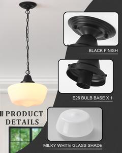 (Retail $69.99) Black Finish with Milk Glass Adjustable Mid Century Ceiling Pendant Lighting Fixture, 12 Inches