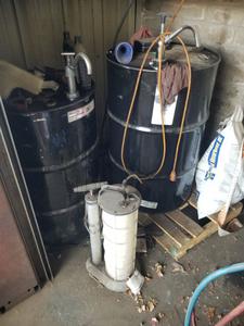 (2) Auto Oil Drums (May Contain Oil) and Manual Pump Oil/Fluid Extractor 