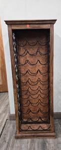 WINE RACK - WOODEN FRAME METAL WIRE WINE RACK. SLEEK DESIGN. BLACK ORNASTE DESIGN ON THE SIDES. GREAT FOR ANY ROOM TO DISPLAY BOTTLES OF WINE. FOR HOME OR RESTAURANT