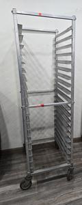 ROLLER RACK - ALUMINUM HEAVY DUTY BAKERS RACK. 20 SLOTS TO HOLD SHEET PANS. FULL SIZE AND HALF SIZE PANS. GREAT FOR MANY USES. COST NEW $350.00