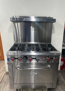 RANGE - *** BRAND NEW *** 36 IN 6 BURNER RANGE. 6 TOP BURNERS FOR COOKERING AND 1 FULL SIZE OVEN TO ACCOMMODATE A FULL SIZE SHEET PAN. GREAT TO HAVE IN ANY RESTAURANT. RETAIL $1400.00