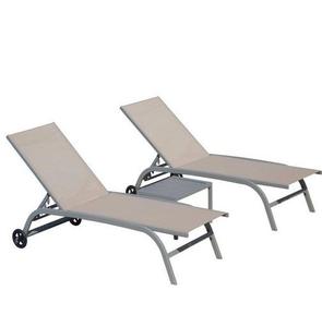 3-Piece Metal Outdoor Chaise Lounge in Khaki with Wheels and Adjustable Backrest AS-IS