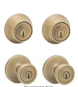 Kwikset Tylo Antique Brass Exterior Entry Door Knob and Single Cylinder Deadbolt Project Knob Combo Pack