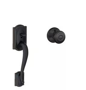 Schlage Camelot Aged Bronze Door Handleset Grip with Georgian Door Knob and Camelot Trim (retail price $109) 