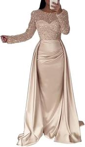 PamperClaws Long Sleeve Satin Prom Dresses with Train XPD02, Champagne, Size 14