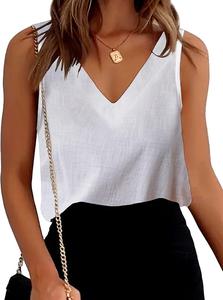 Chigant Women&#39;s Cotton Linen Tank Tops V Neck Casual Cami Sleeveless Blouses 
