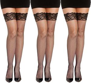 Pack of 4, Dreamgirl womens Fishnet Thigh High Stockings With Silicone Lace Top and Back Seam