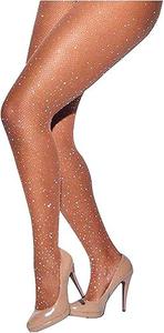 LUCKELF Sexy High Waist Tights Sparkle Rhinestone Fishnets Party Mesh Stockings,Free Size, Natural