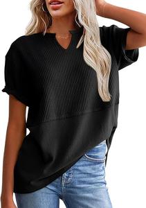 SHEWIN Womens Casual V Neck Waffle Knit Tops Short Sleeve T Shirts Loose Blouses, Large, Black