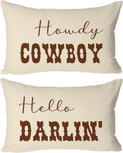 Pack of 2, CarOptics Western Funny Couple Pillow Covers,  Howdy Cowboy&#39; &#38; &#39;Hello Darlin&#39;&#39;, 12x20 Inch, Beige