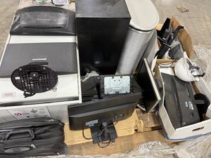 Pallet of Assorted Office Supplies Including Assorted Monitors, Shredder Cabinet, and More