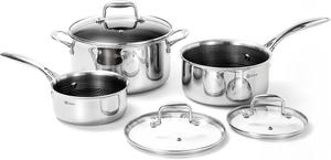 (Retail $329.99) Deluxe Hybrid Nonstick 6-Piece Pot Set, 1.3, 3&5.4-Quart Pots with Tempered Glass Lids