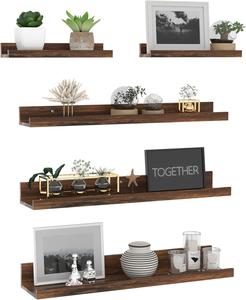 Set of 5, Wall Mounted Floating Wood Shelves, Brown, 24&#34; Inches