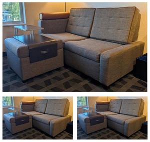 (3) Hotel Sofa Sleepers Including (3) Ottomans and (3) &#34;Over the Top&#34; 2-Tier Work Stations with Handles
