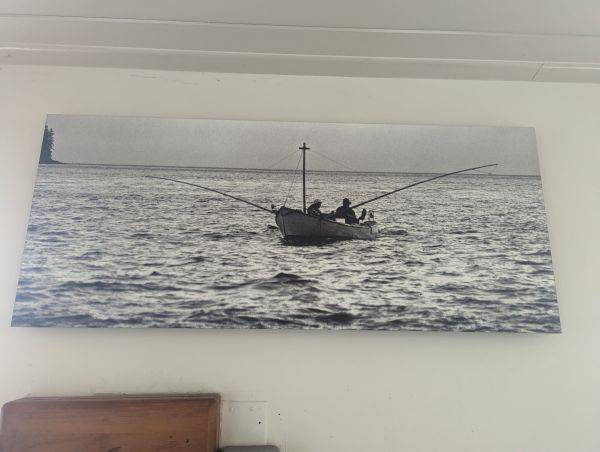 Wall-Mounted Black/White Print of Men Out Fishing, 44 x 21H Auction
